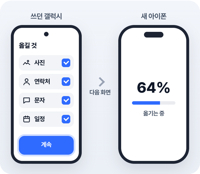 옮길 것을 고르고 계속을 눌러요